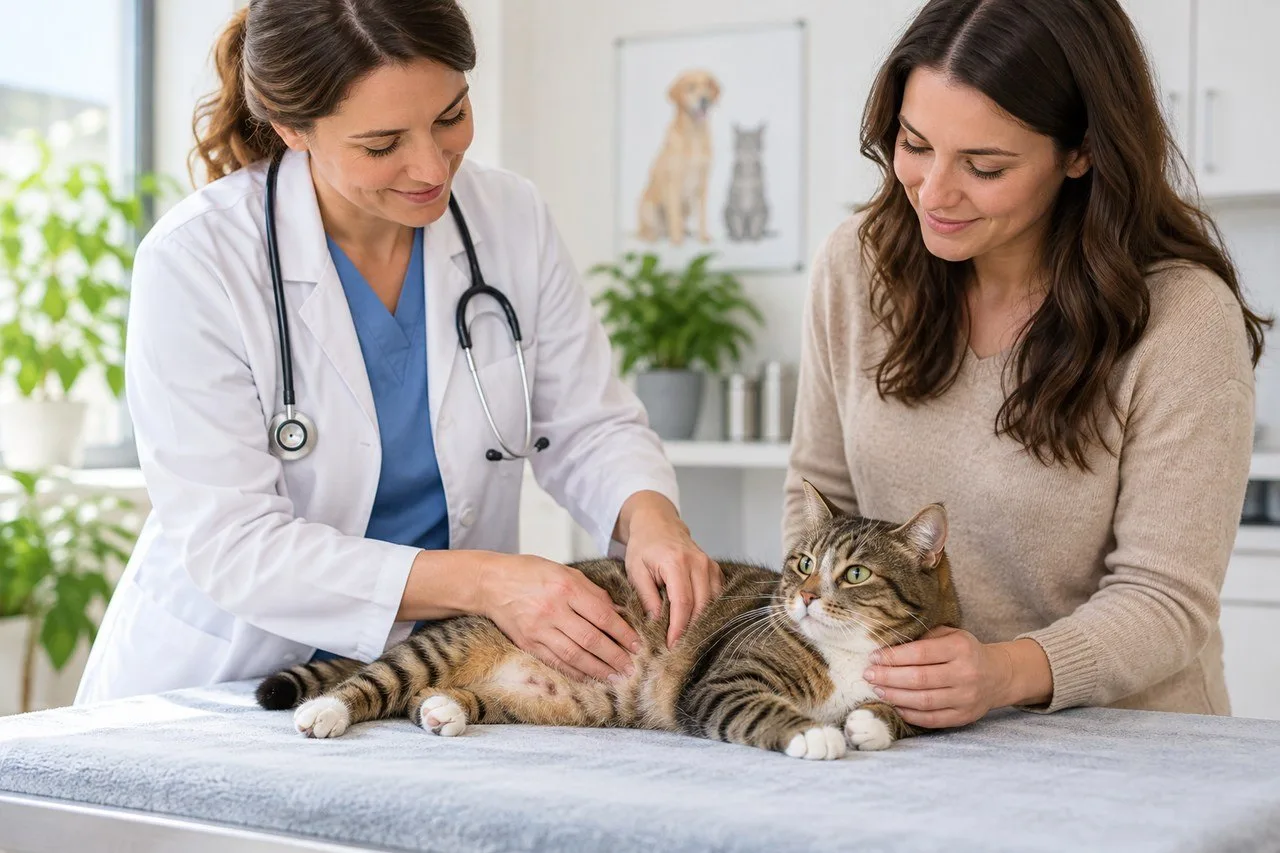 Veterinarian examining a cat with its owner nearby