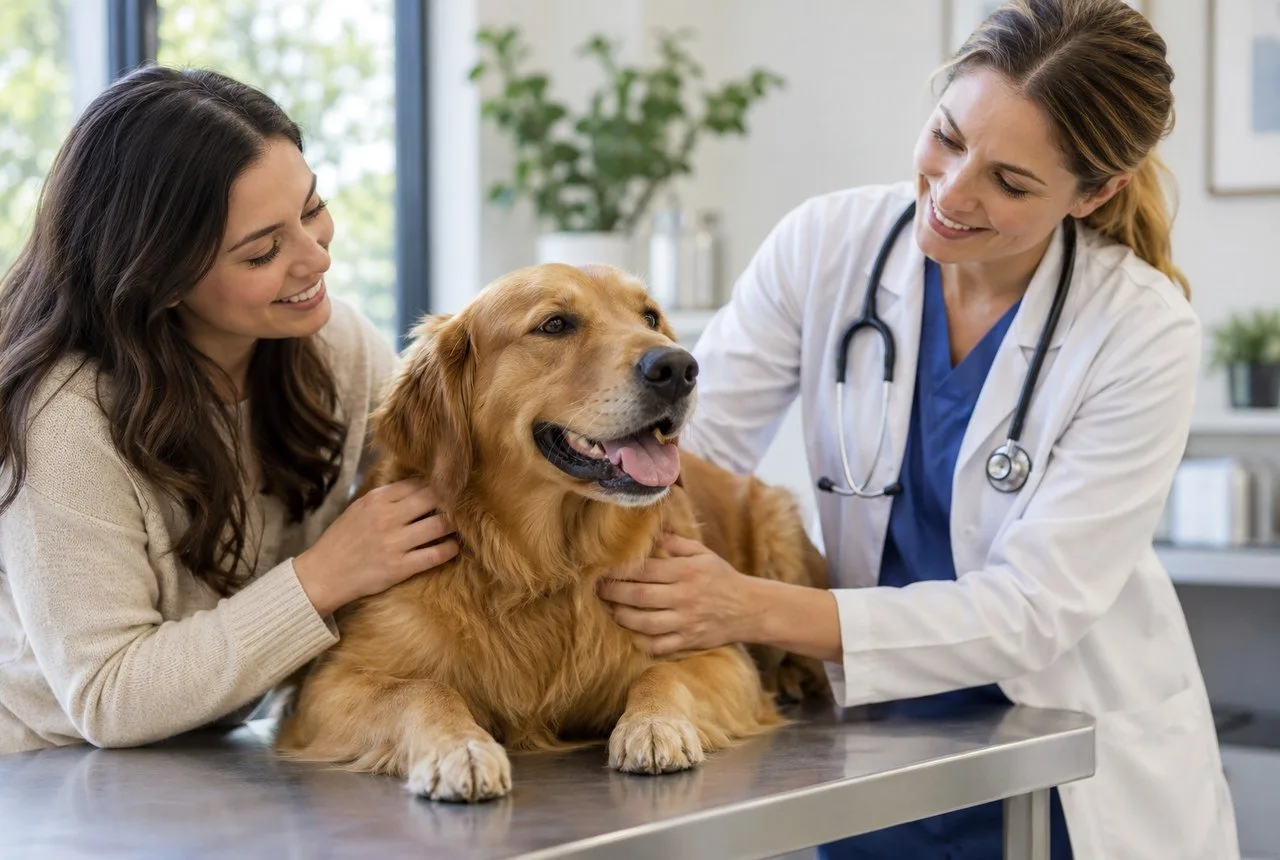 Veterinarian examining a dog beside its owner